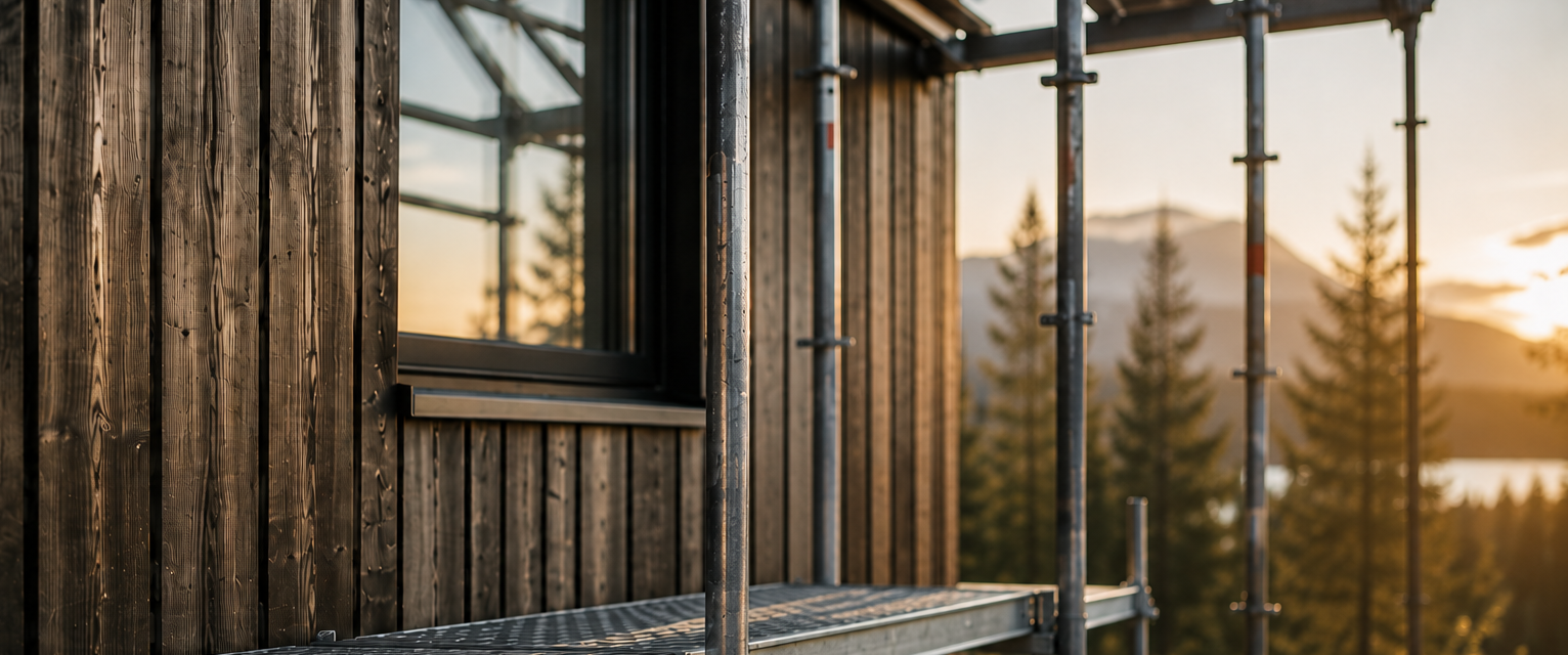 Mörk träfasad med byggställning och utsikt över skog och fjäll